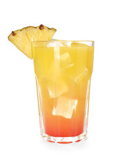 Glass of tasty pineapple cocktail with ice cubes isolated on white