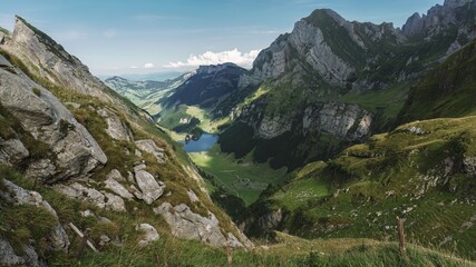 Fototapeta na wymiar Hiking through the Appenzell mountains from Ebenalp in Wasserauen, Switzerland