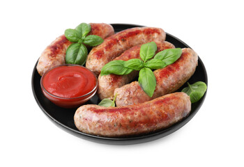 Plate with tasty homemade sausages, ketchup and basil leaves on white background