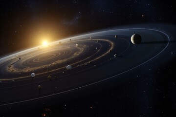 Panoramic view of planets in their orbits around the solar system. Generative AI
