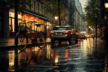 A bicycle parked beside a rainy road with a city street and a car passing by. Generative AI