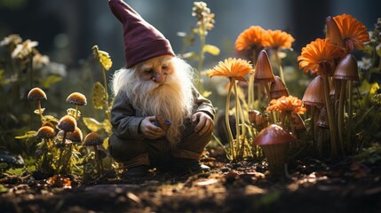 An adorable garden gnome in a garden. Generative AI. 