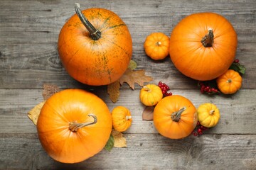 Thanksgiving day. Flat lay composition with pumpkins on wooden table