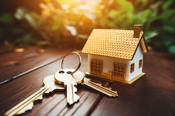Photo of shiny golden keys and key fob placed on top of a house. Generative AI
