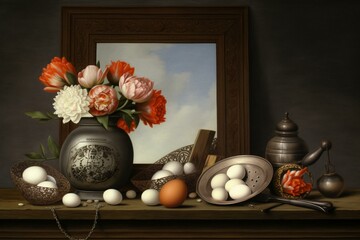 A counter with a vase containing flowers and eggs next to a mirror. Generative AI