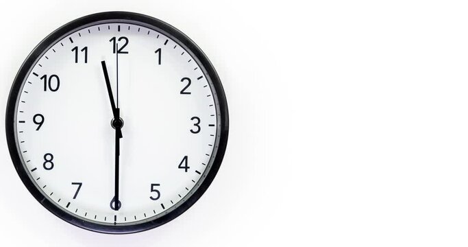 Clock face time lapse on white background with copy space for your own text. Clock time ticking on a classic Wall Clock. Shadows moving over the Watch. Half of a Clock dial close-up isolated. Concept 
