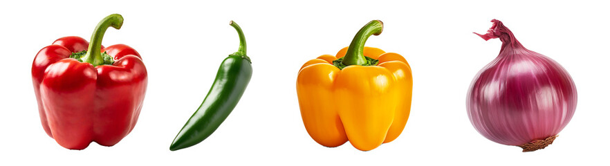 Red Hot Chili Peppers, Red Onion on an isolated background, transparent background PNG, Bell Peppers, Jalapeño 