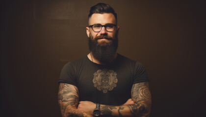 Confident Hipster Artist: A Vivid Studio Portrait of a Fashionable Caucasian Man with Dark Beard, Elegant Tattoo on Arm, Casual Clothing and Cool Gangster Expression