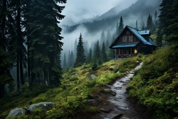 scenic cabin surrounded by dense forest in misty mountains with a path leading to it. Generative AI