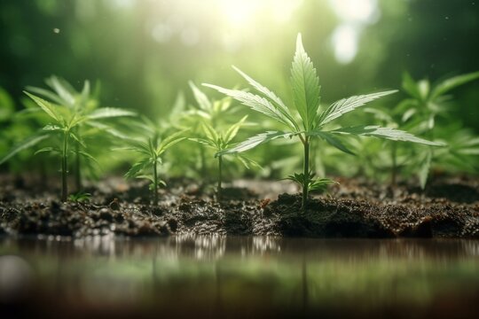 Image showing sprouting cannabis leaves on moist soil and water with blurry backdrop. Generative AI