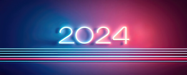 2024 New Year themed banner, minimalist design with retro neon colors - obrazy, fototapety, plakaty