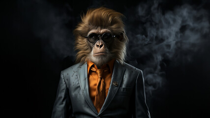 Affe Cartoon Tiere als Geschäftsmann im Anzug verkleidet schaut cool in die Kamera im Querformat für Banner und Poster, ai generativ