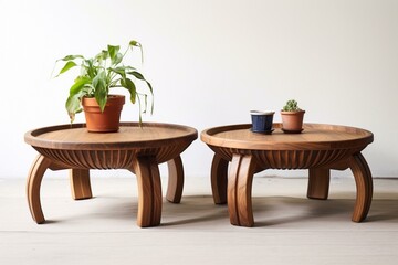 A pair of wooden coffee tables with a plant pot. Generative AI