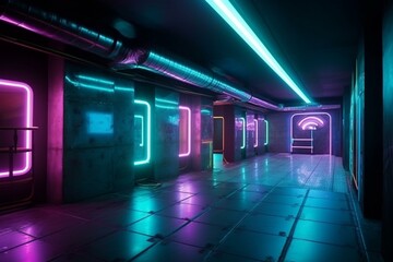 Futuristic club atmosphere adorned with neon lights and concrete walls. Generative AI