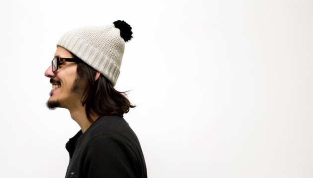 Hipster in a Stylish Cap: A Smiling Man with a Beard and Glasses in a Studio Portrait