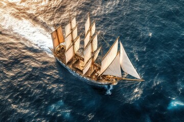Aerial view of ship sailing. Generative AI