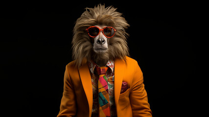 Löwe Cartoon Tiere als Geschäftsmann im Anzug verkleidet schaut cool in die Kamera im Querformat für Banner und Poster, ai generativ
