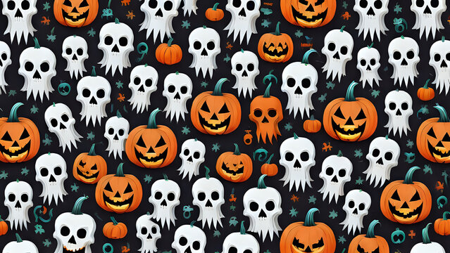 seamless pattern with skulls. halloween seamless background with pumpkins. halloween pattern 