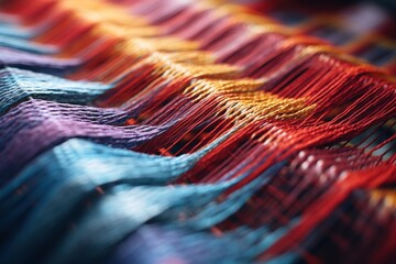 Macro shot of multicolored threads interwoven in a textile loom - obrazy, fototapety, plakaty