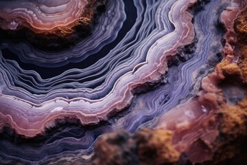 Macro shot of mineral veins running through a geode slice