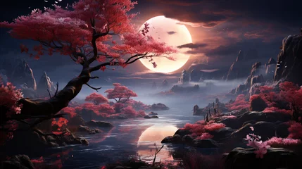 Tuinposter Fantasie landschap beautiful fantasy landscape, surrealism. trees and clouds islands near the ground. Generative ai