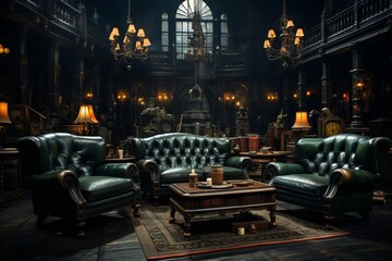 Vintage detective's office with antique furniture, leather armchairs, and dim, moody lighting