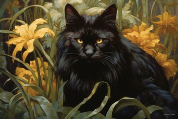 Feline with ebony fur and golden irises. Generative AI