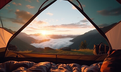 Beautiful view of serene mountain landscape from inside a tent