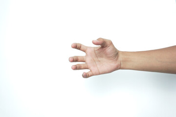 Close up male caucasian hand holding something like a bottle or can isolated on white background...