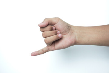 Cropped Image Of Person Showing Pinky Promise Sign Against White Background