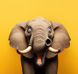 Elephant looking surprised, reacting amazed, impressed, standing over yellow background