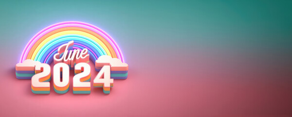 June 2024 text with a neon rainbow, Pride Month themed banner - obrazy, fototapety, plakaty