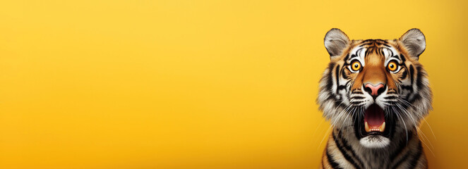 Tiger looking surprised, reacting amazed, impressed, standing over yellow background - obrazy, fototapety, plakaty