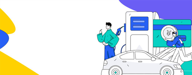Vector internet operation hand-drawn illustration of people getting discounts for refueling the car
