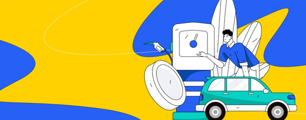 Vector internet operation hand-drawn illustration of people getting discounts for refueling the car
