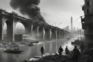 A river and a bridge can be seen in the distance, and there is a building emitting smoke in the distance. Generative AI