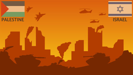 Palestinian Israeli conflict vector illustration. Destroyed city in war of Palestine and Israel. Landscape illustration of war for social issues, news, invasion and terrorism
