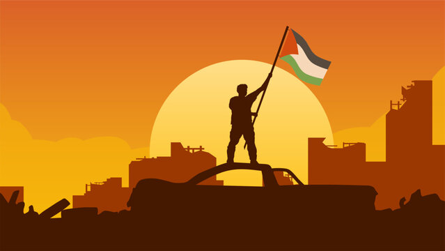 Palestinian Israeli conflict vector illustration. Silhouette of man holding Palestine flag in destroyed city. Landscape illustration of war for social issues, news, invasion and terrorism