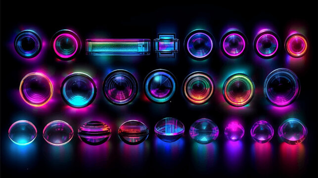 Set of Collection Abstract cosmic vibrant color circle backdrop. RGB Red, Green, Blue, Pink, Purple of Glowing neon lighting on dark background. Futuristic style neon color vector illustration.