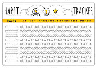 Habit tracker. Daily template habit diary for month. Journal planner with bullets. Vector illustration. Goal list in grafic style. Simple yellow design. 
