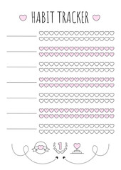 Habit tracker. Daily template habit diary . Journal planner with bullets. Vector illustration. Goal list with hearts. Simple design. 