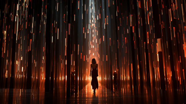 Super Fashion Model Frau in grandioser roter led Designer Kulisse im Schatten am Laufsteg im Querformat als Banner, ai generativ