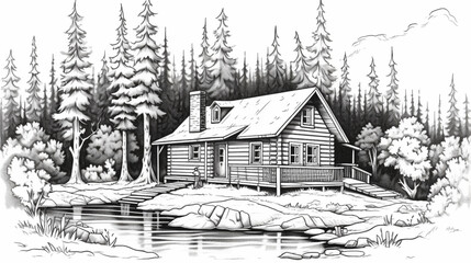 Panorama of countryside landscape with forest. Pen Hand drawn vineyard landscape, Sketch vintage style sketch converted to vector drawing and coloring book. Wooden house riverside on jungle.