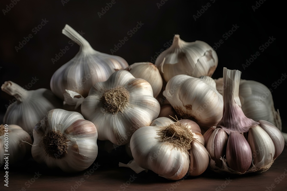 Wall mural a group of garlic bulbs on a plain surface. fresh ingredients, delicious spices. generative ai