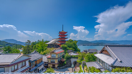 Miyajima island city view with Five-storied Pagoda in the precincts of itsukushima shrine at...