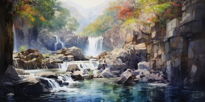 watercolor painting of waterfall, generative AI