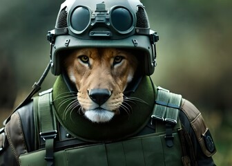 Lion wearing a tactical military uniform. Generative ai
