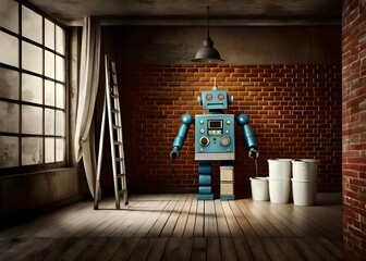 Vintage/retro tin robot in minimal background. Generative ai