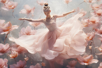 Aerial view, minimalist art, luminous and dreamlike scenes, huge transparent whirlwind of Sakura petals and flowers wrap the ancient Chinese ballerina lady in an elegant ballet pose in a river  - obrazy, fototapety, plakaty