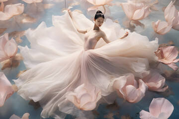 Aerial view, minimalist art, luminous and dreamlike scenes, huge transparent whirlwind of Sakura petals and flowers wrap the ancient Chinese ballerina lady in an elegant ballet pose in a river 
